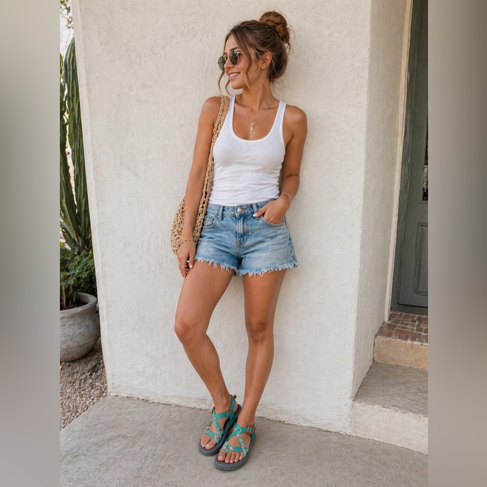Chaco// Light Aqua and Orange Outdoor Sandals with Adjustable Straps